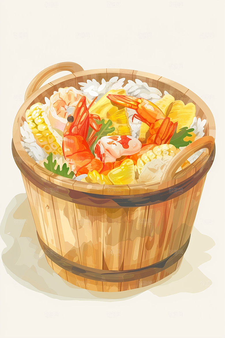 木桶饭拌饭菜饭插画