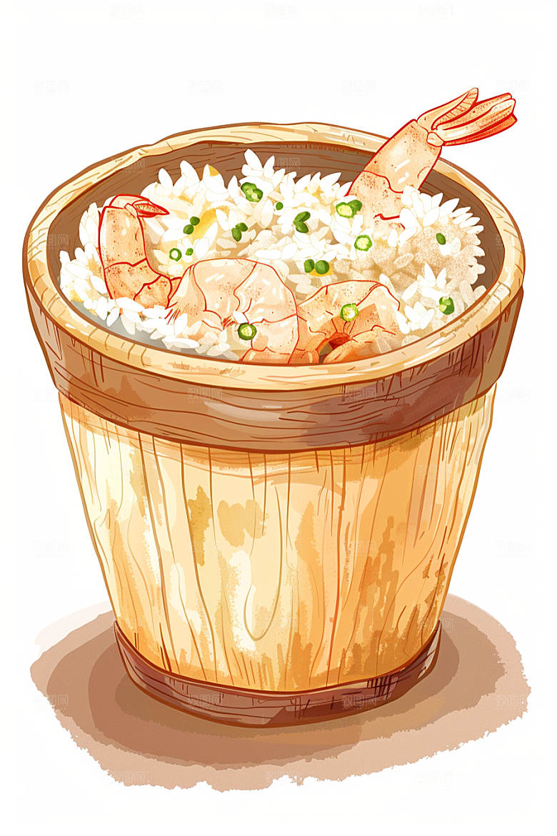 木桶饭热气腾腾地方特色插画