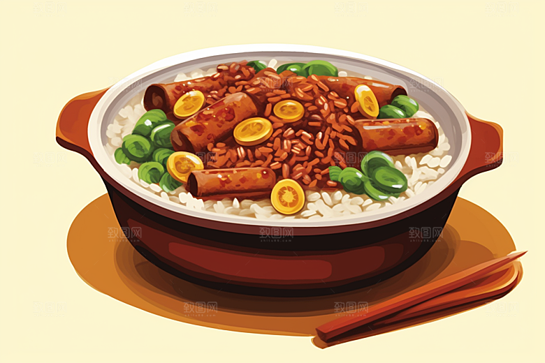 木桶饭菜饭好吃插画