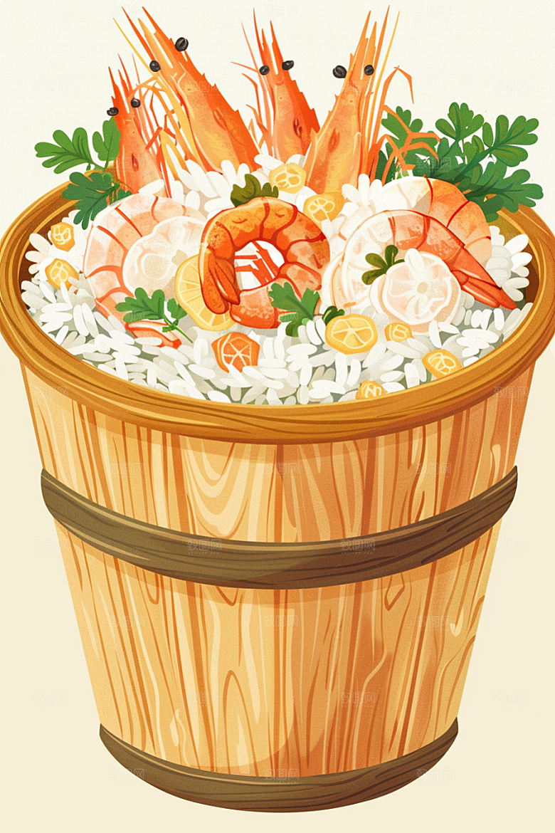 木桶饭拌饭热气腾腾插画