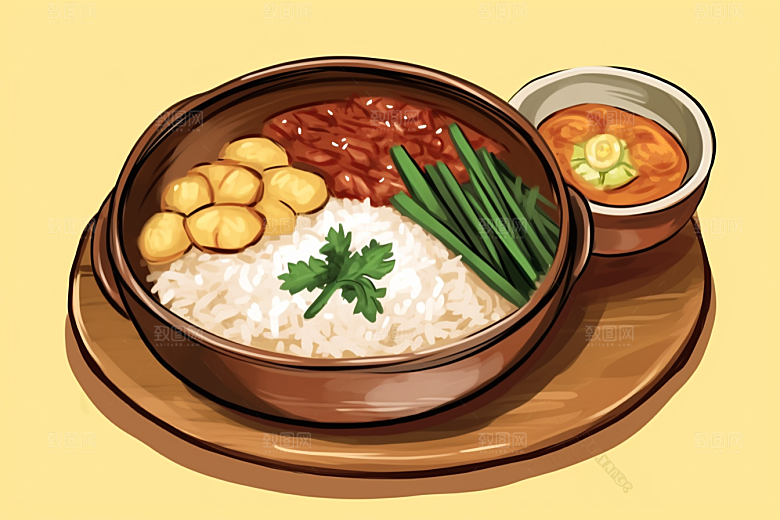 木桶饭菜饭拌饭插画