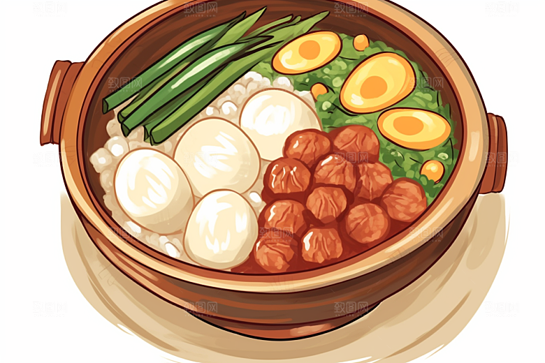 木桶饭热气腾腾主食插画