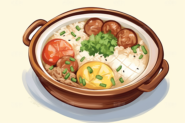 木桶饭煲仔饭拌饭插画