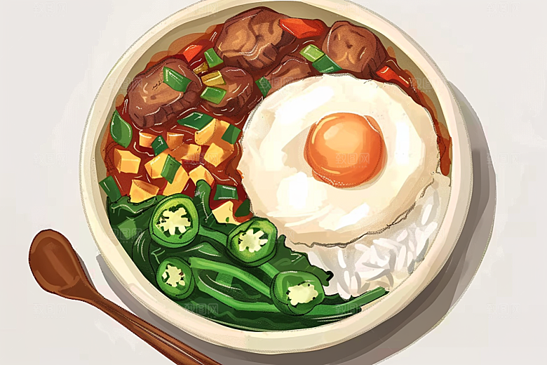 木桶饭菜饭美食插画