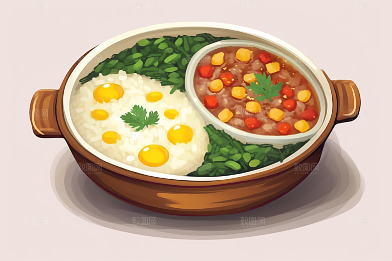 木桶饭菜饭美食插画