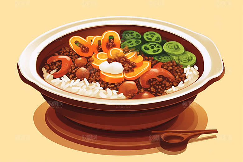 木桶饭煲仔饭拌饭插画