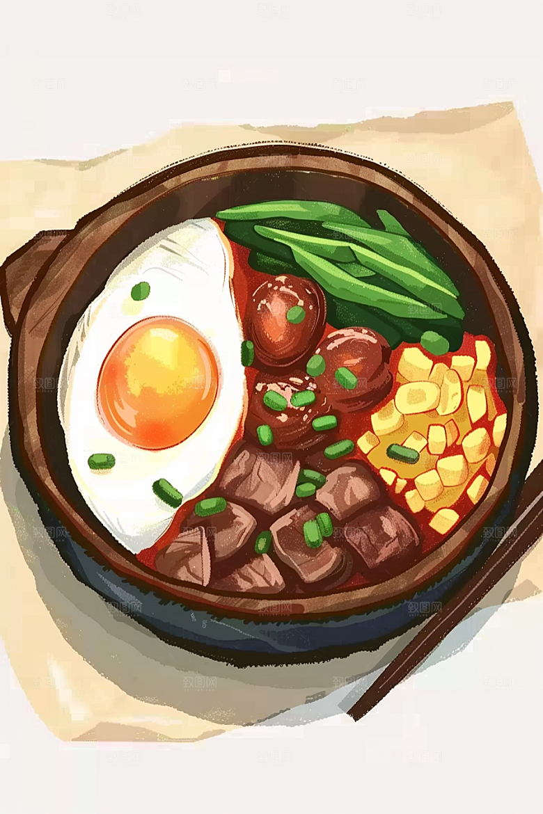 木桶饭菜饭好吃插画