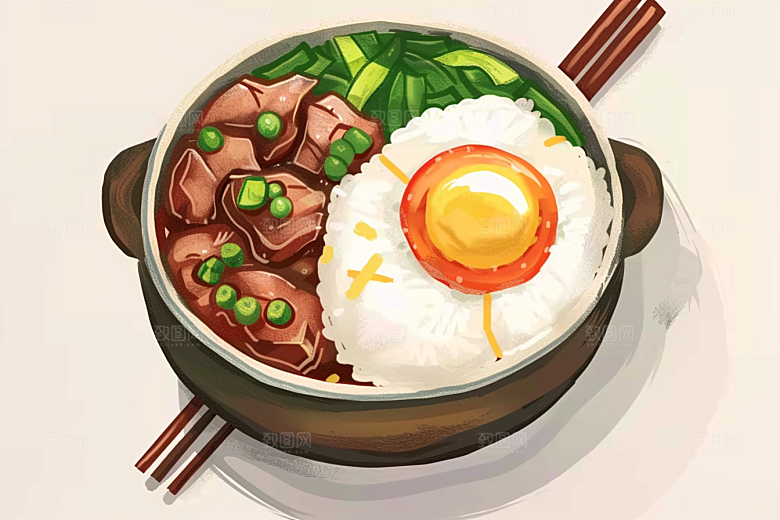 木桶饭拌饭菜饭插画