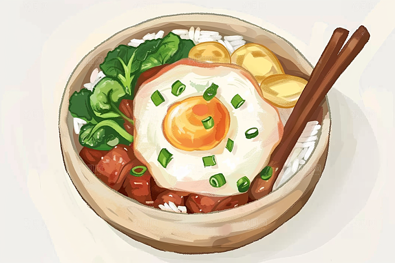 木桶饭菜饭好吃插画