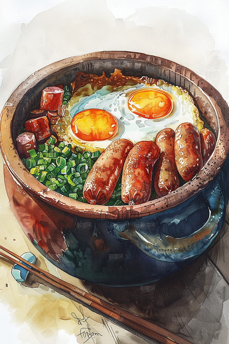 木桶饭煲仔饭拌饭插画