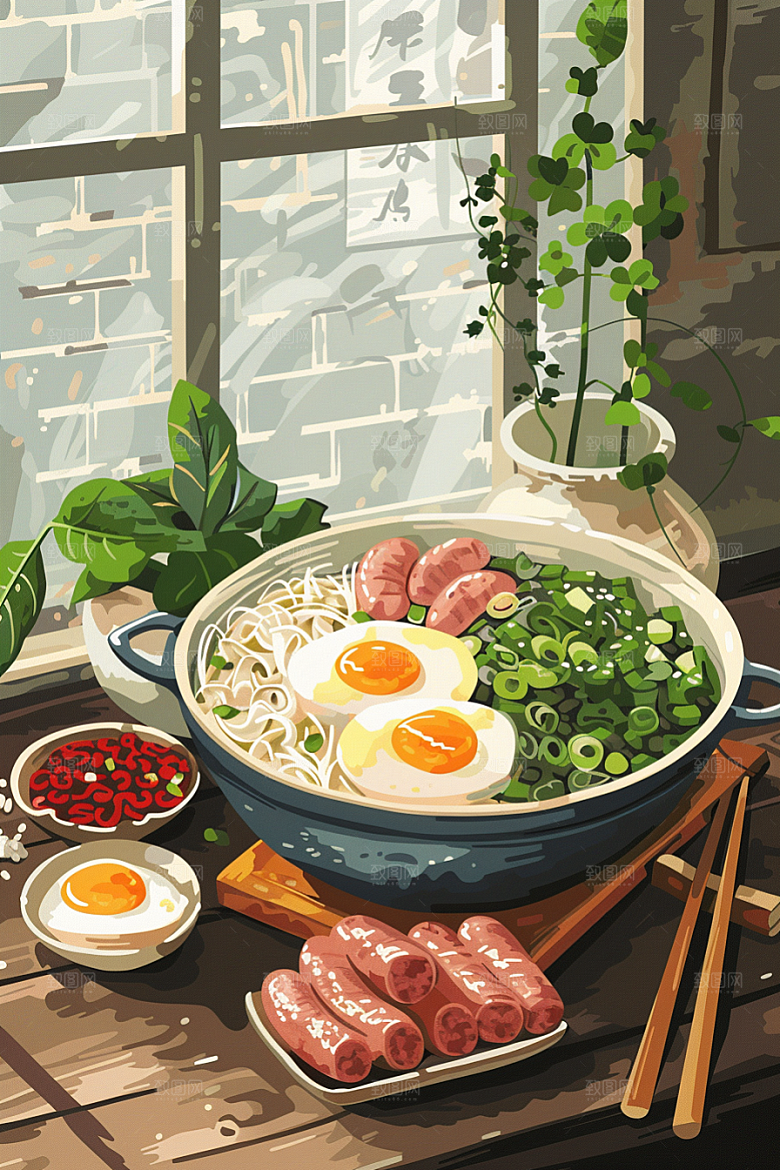 木桶饭热气腾腾高清插画