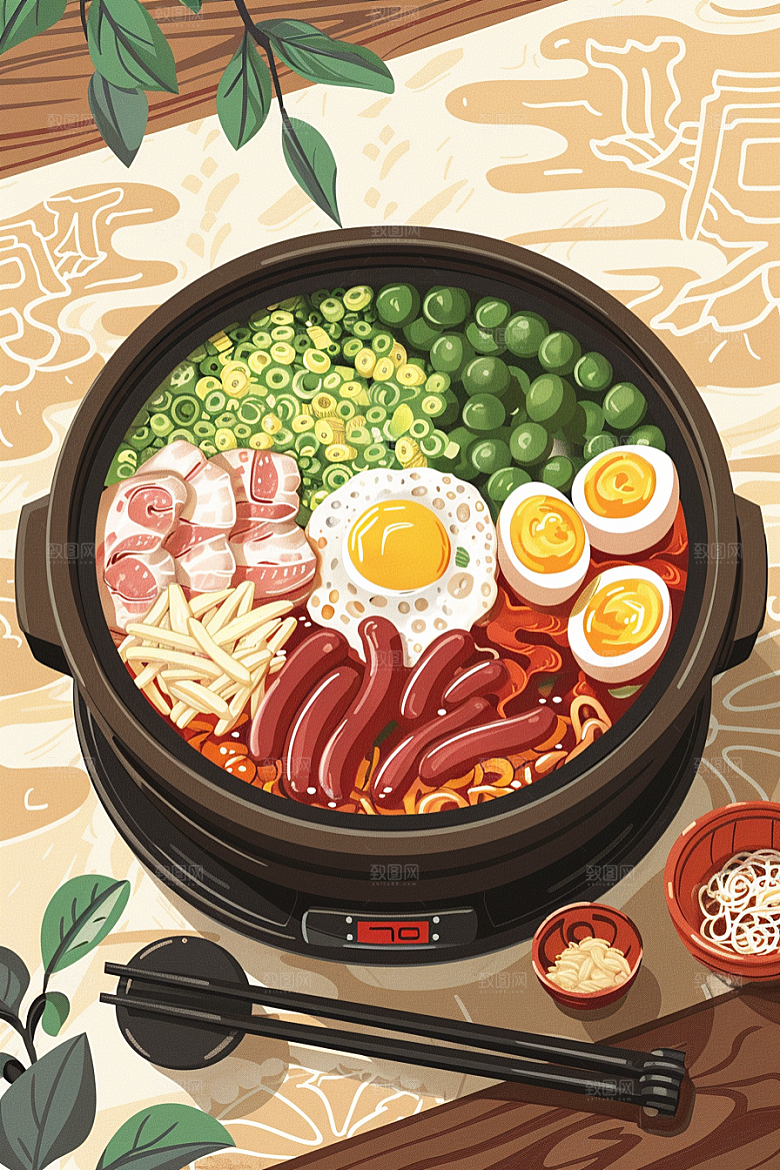 木桶饭美味手绘插画