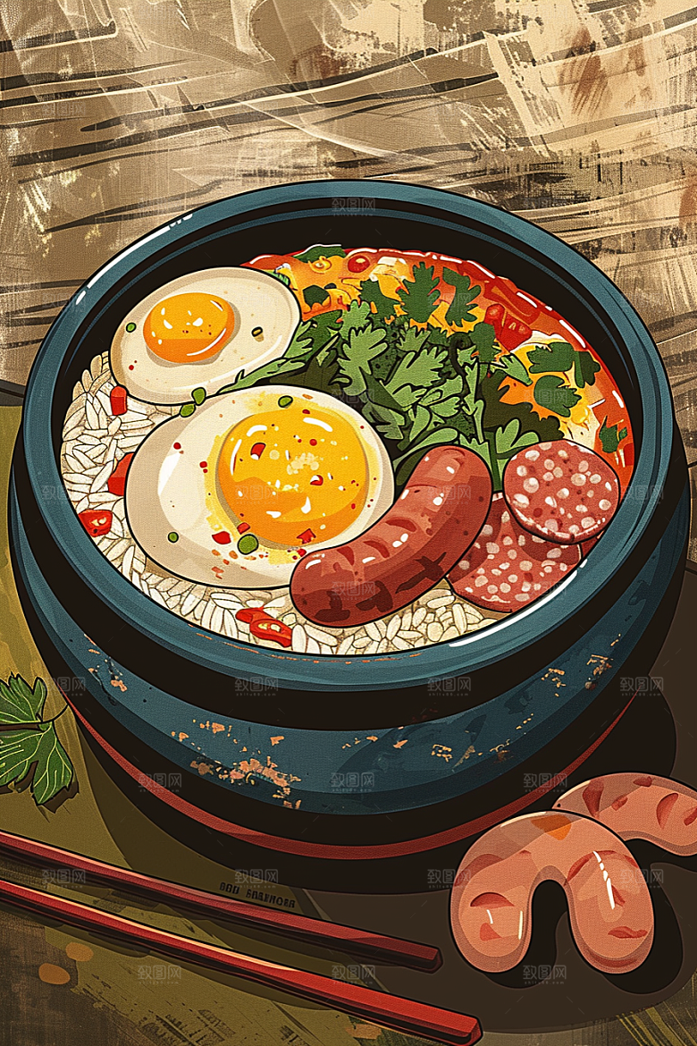 木桶饭菜饭美味插画