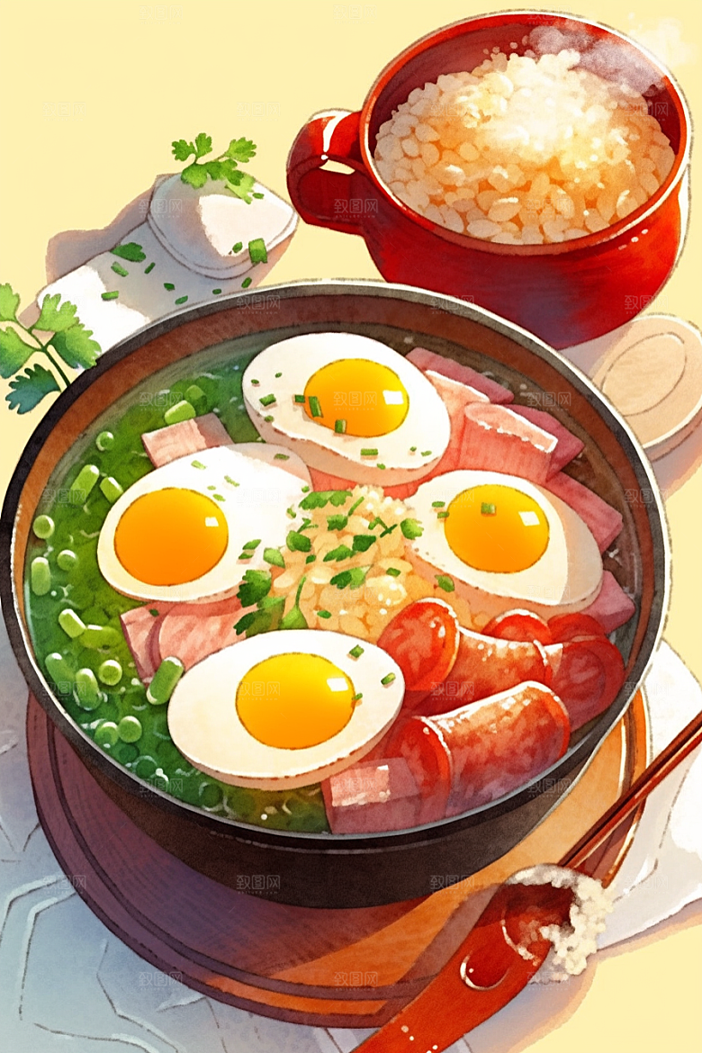 木桶饭煲仔饭菜饭插画