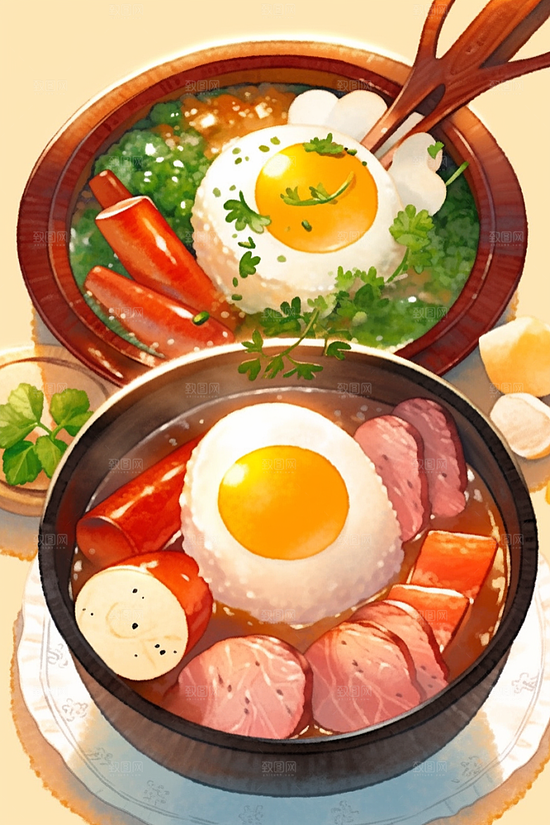 木桶饭拌饭主食插画