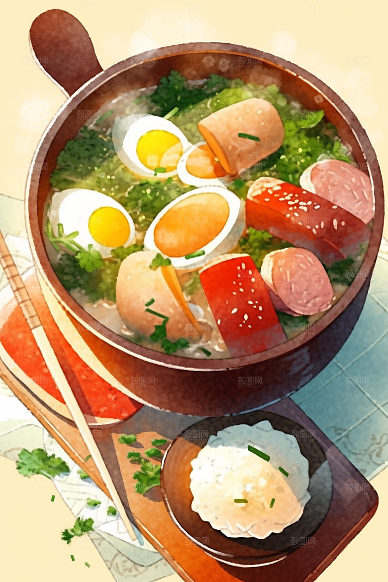 木桶饭热气腾腾高清插画