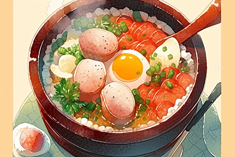 木桶饭菜饭拌饭插画