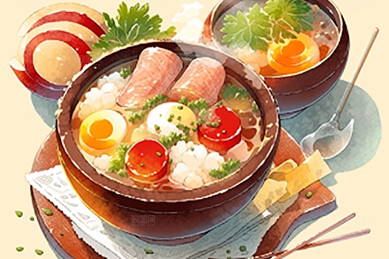 木桶饭美味手绘插画