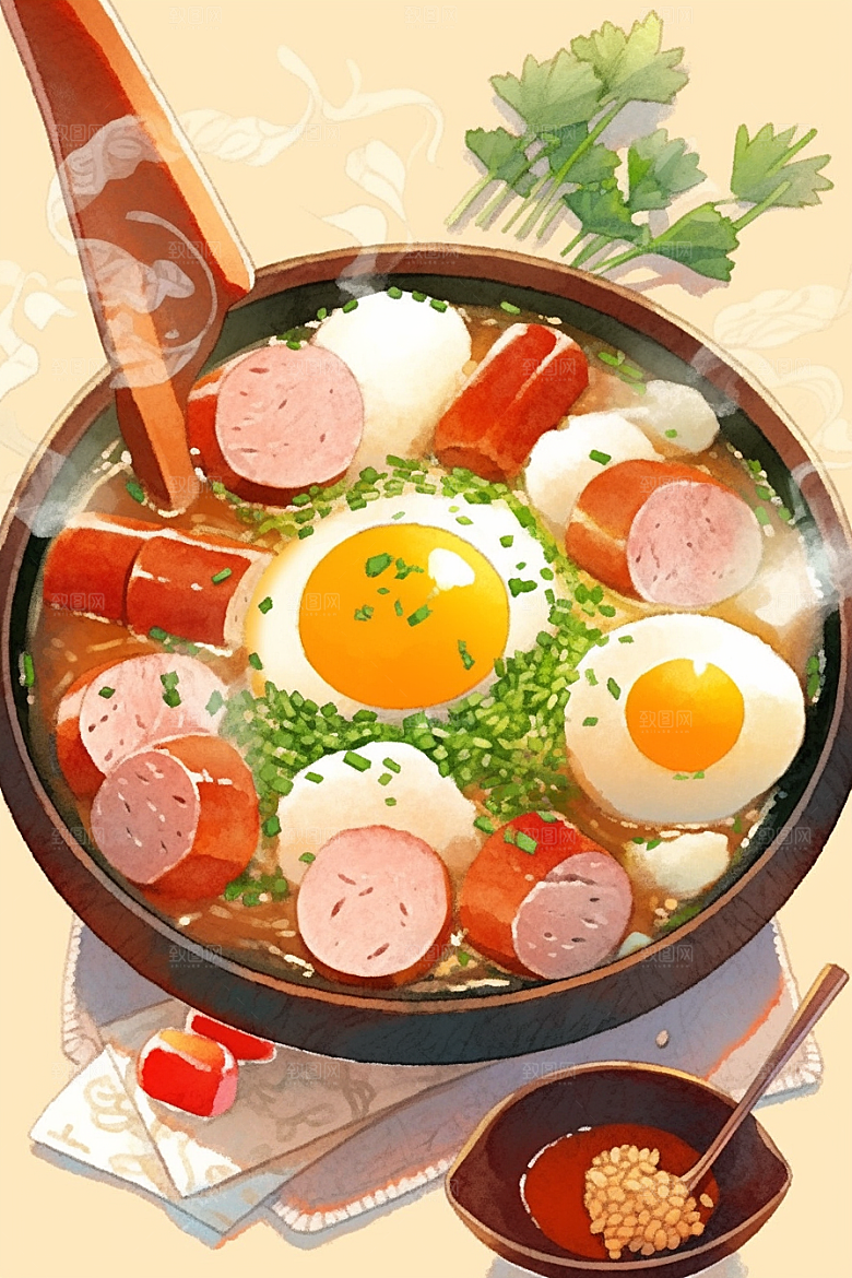 木桶饭美食热气腾腾插画