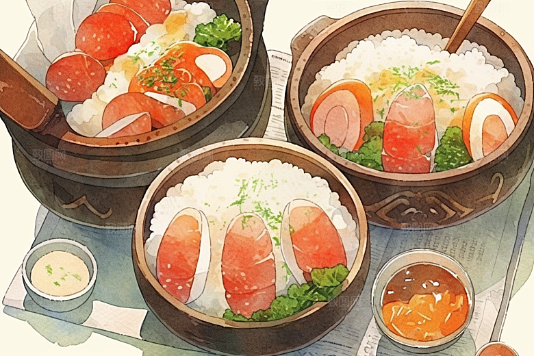 木桶饭热气腾腾高清插画