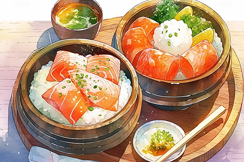 木桶饭菜饭手绘插画