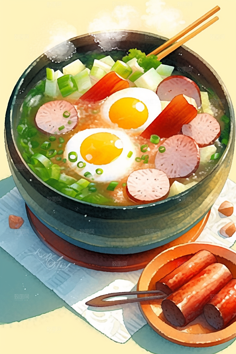 木桶饭菜饭好吃插画