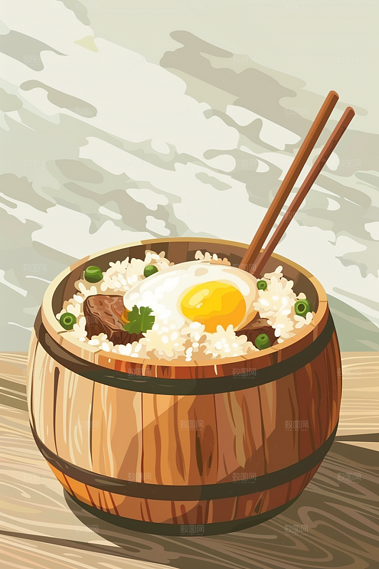 木桶饭煲仔饭美食插画