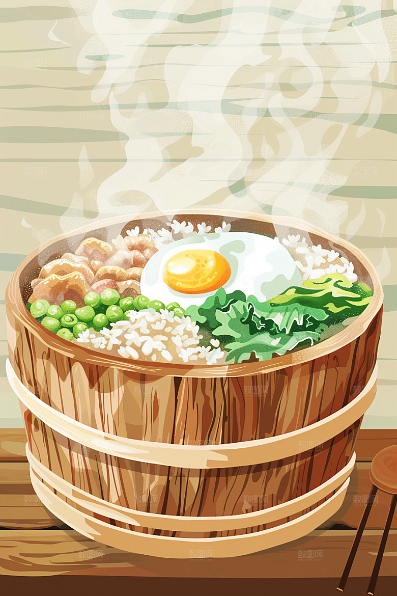 木桶饭热气腾腾主食插画
