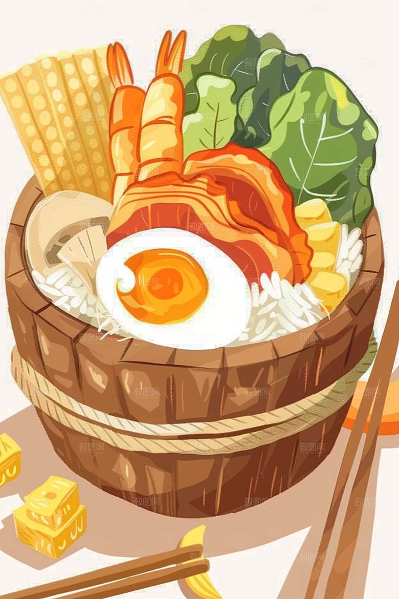 木桶饭地方特色高清插画