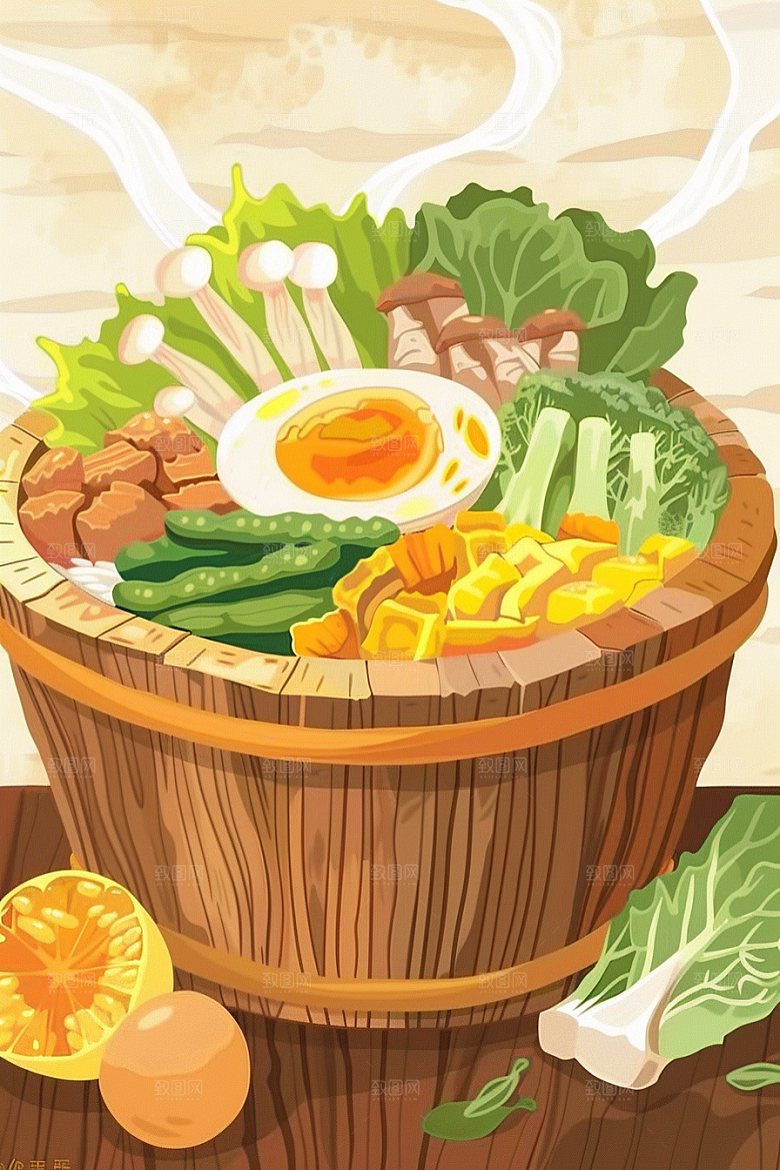 木桶饭高清地方特色插画
