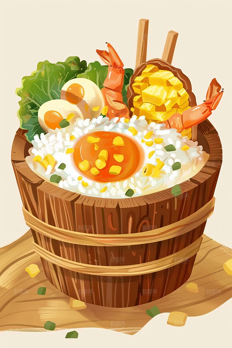 木桶饭手绘菜饭插画