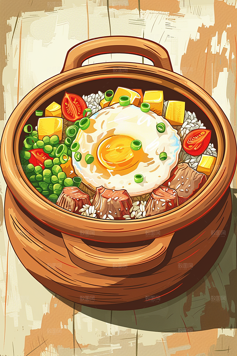 木桶饭热气腾腾主食插画