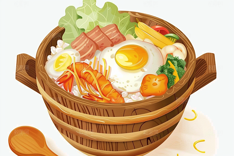 木桶饭菜饭好吃插画