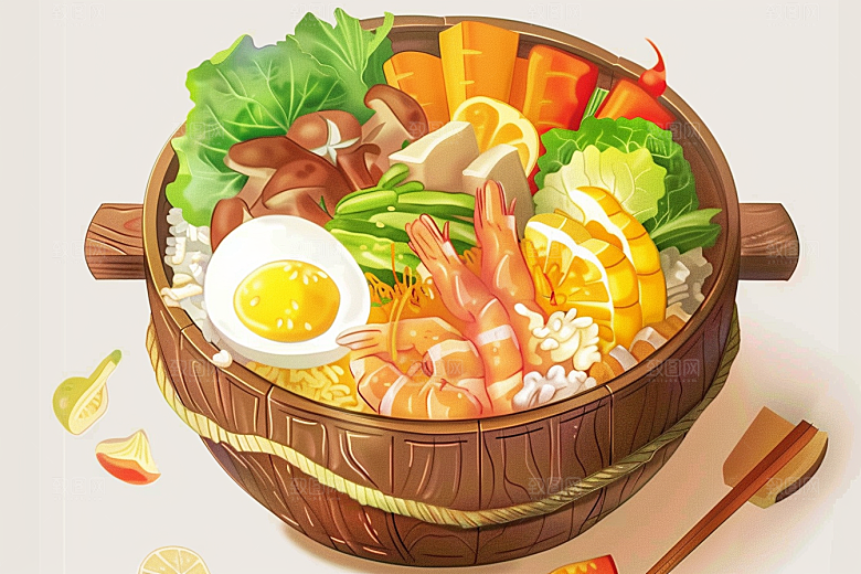 木桶饭地方特色煲仔饭插画