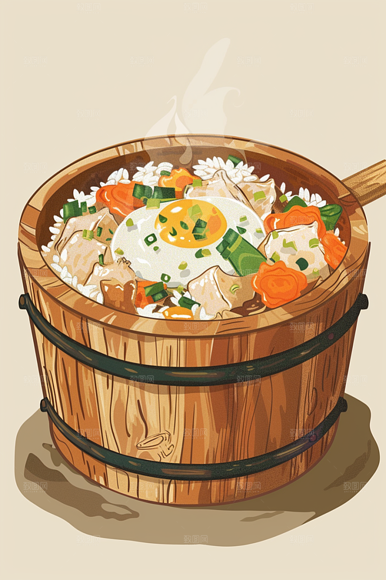 木桶饭热气腾腾美食插画