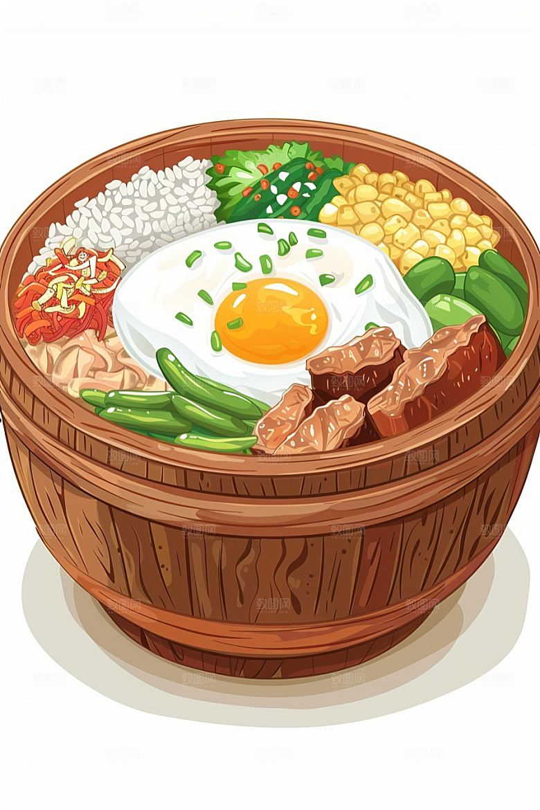 木桶饭菜饭美食插画