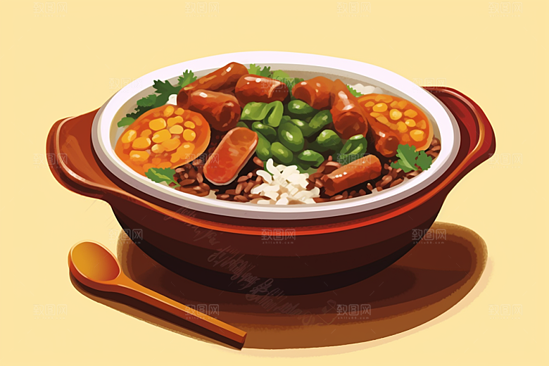 木桶饭拌饭高清插画