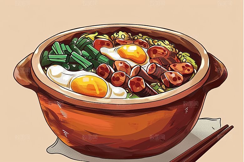 木桶饭煲仔饭地方特色插画