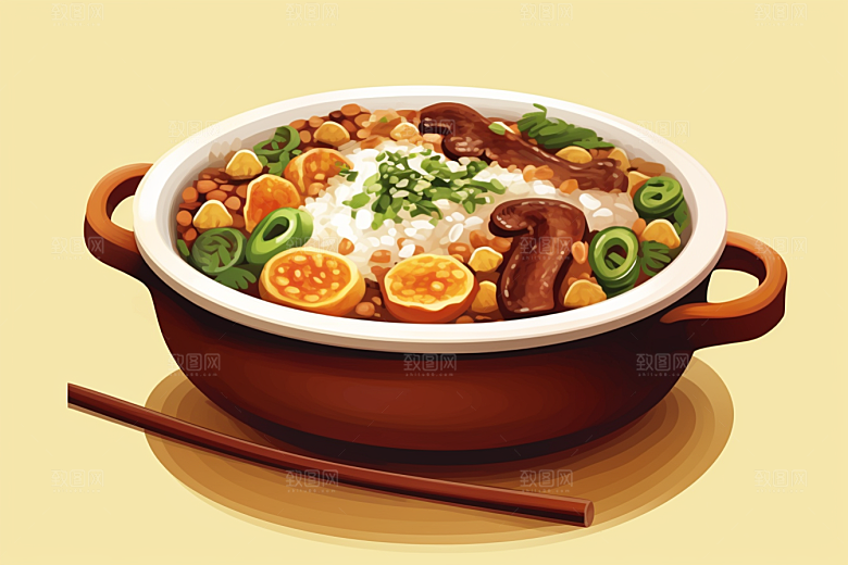 木桶饭菜饭煲仔饭插画