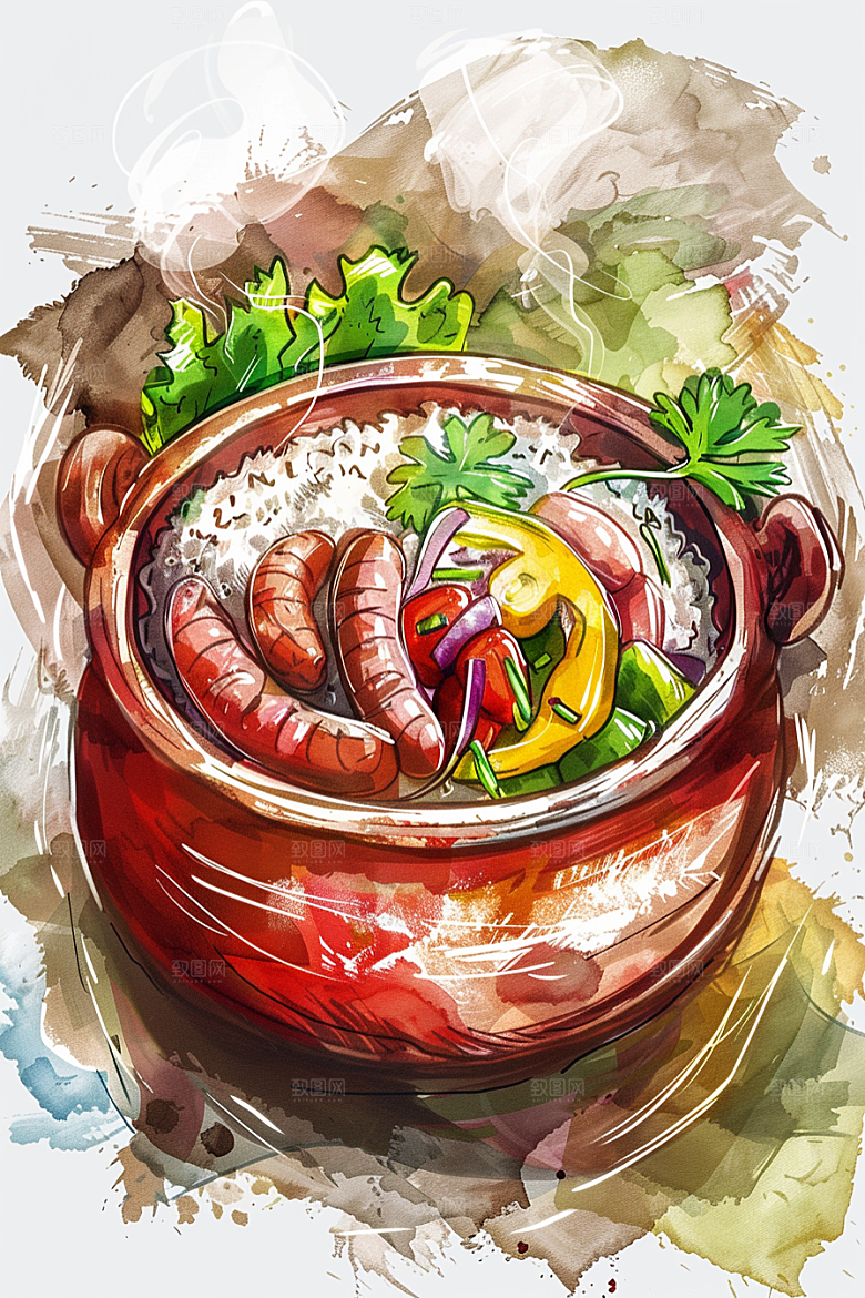 木桶饭菜饭主食插画