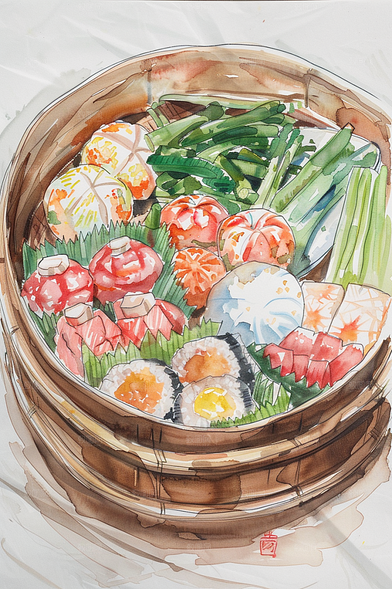 木桶饭拌饭美食插画