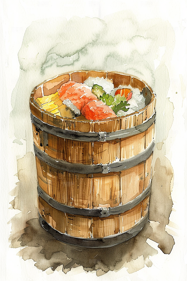 木桶饭美食热气腾腾插画