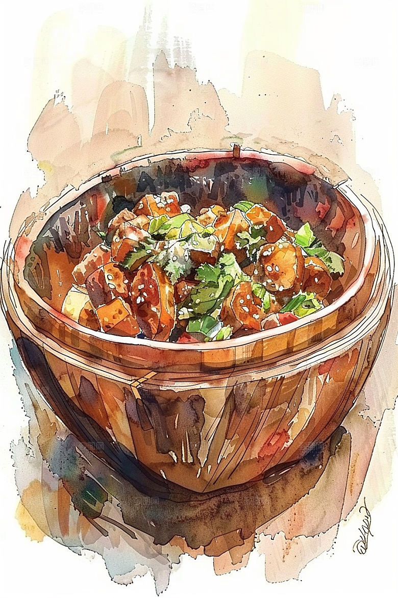 木桶饭煲仔饭美食插画