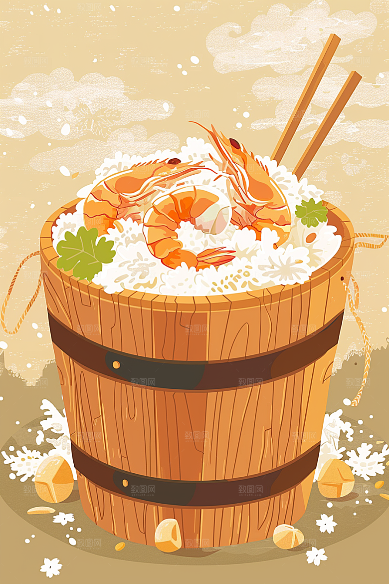 木桶饭地方特色好吃插画