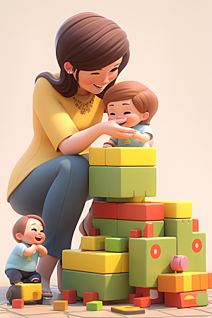 母亲和孩子家庭温馨模型