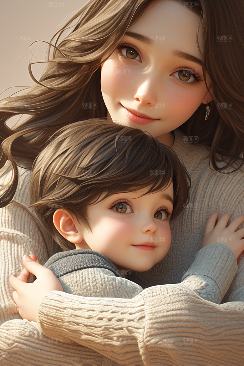 母亲和孩子温馨3D模型