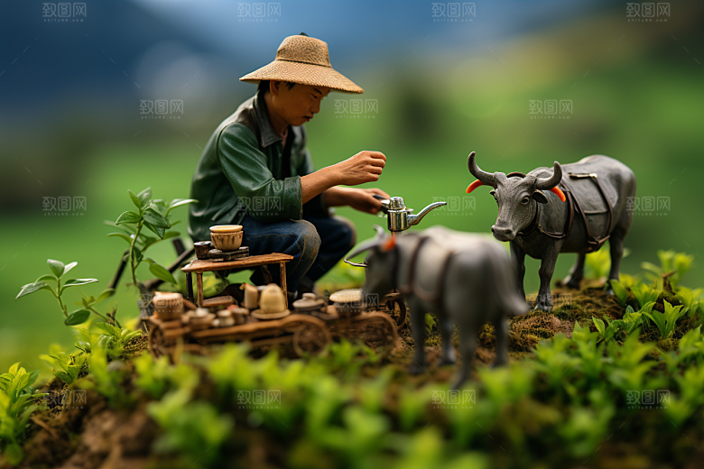 微距小人农民播种春季摄影图