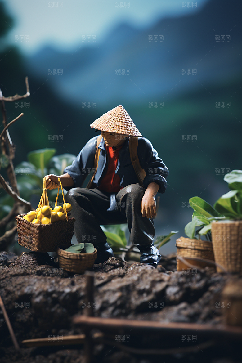 微距小人农民播种春天摄影图