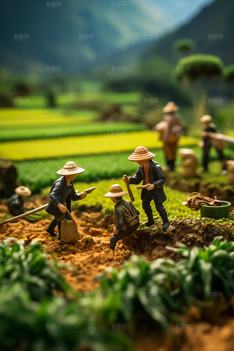 微距小人农民春季农耕摄影图