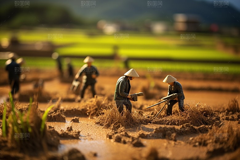 微距小人农民粮食播种摄影图